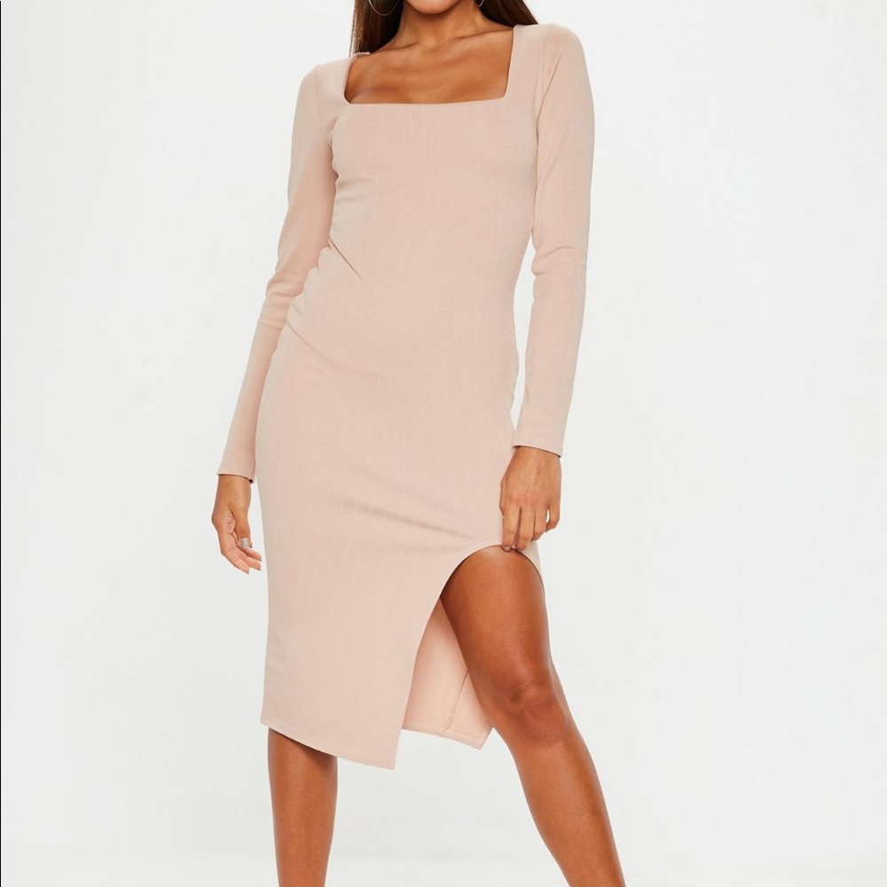 Camel Bandage Square Neck Midi Dress